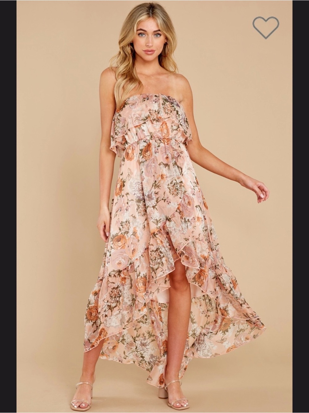 Red Dress Boutique Strapless Peach Pink Floral Ruffle High-Low Dress
